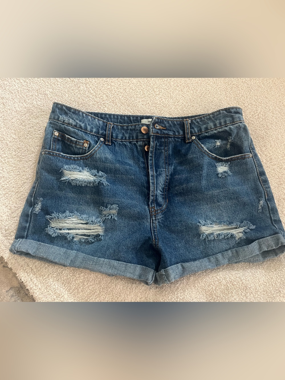 Forever 21 Distressed Rolled-Hem Denim Shorts - Blue